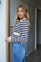 Navy and Tan Striped Button Down Cardigan - FINAL SALE