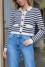 Navy and Tan Striped Button Down Cardigan - FINAL SALE