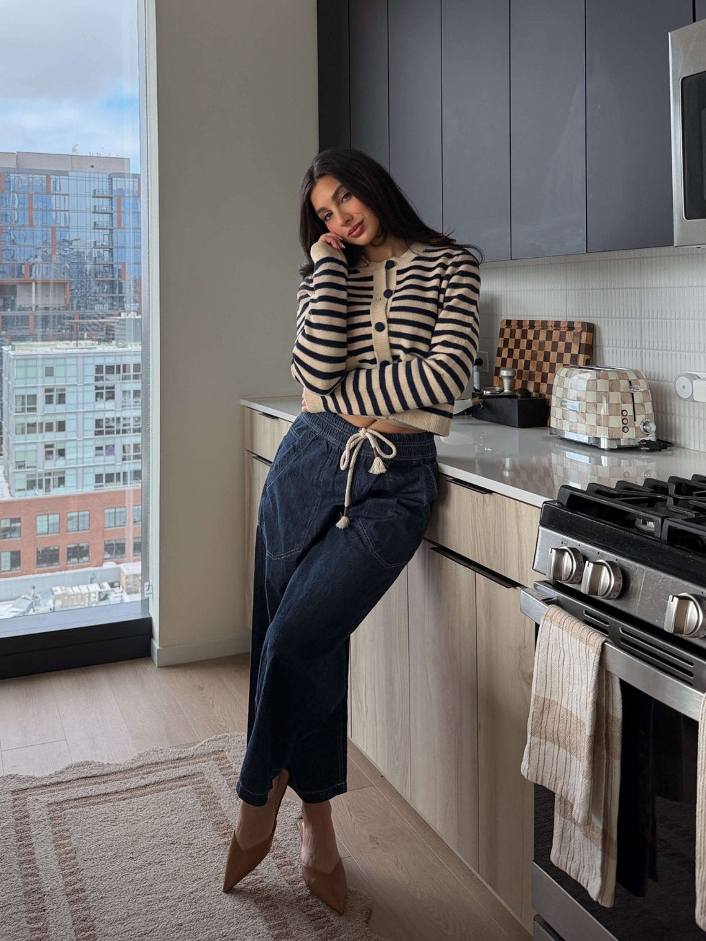 Navy and Tan Striped Button Down Cardigan - FINAL SALE