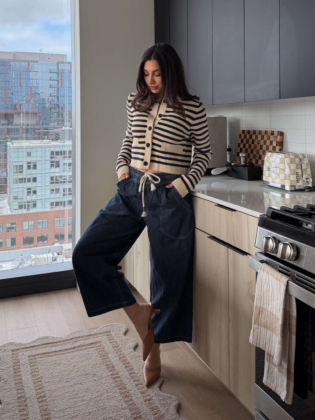 Navy and Tan Striped Button Down Cardigan - FINAL SALE