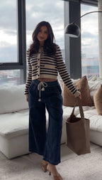 Navy and Tan Striped Button Down Cardigan - FINAL SALE