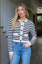 Navy and Tan Striped Button Down Cardigan - FINAL SALE