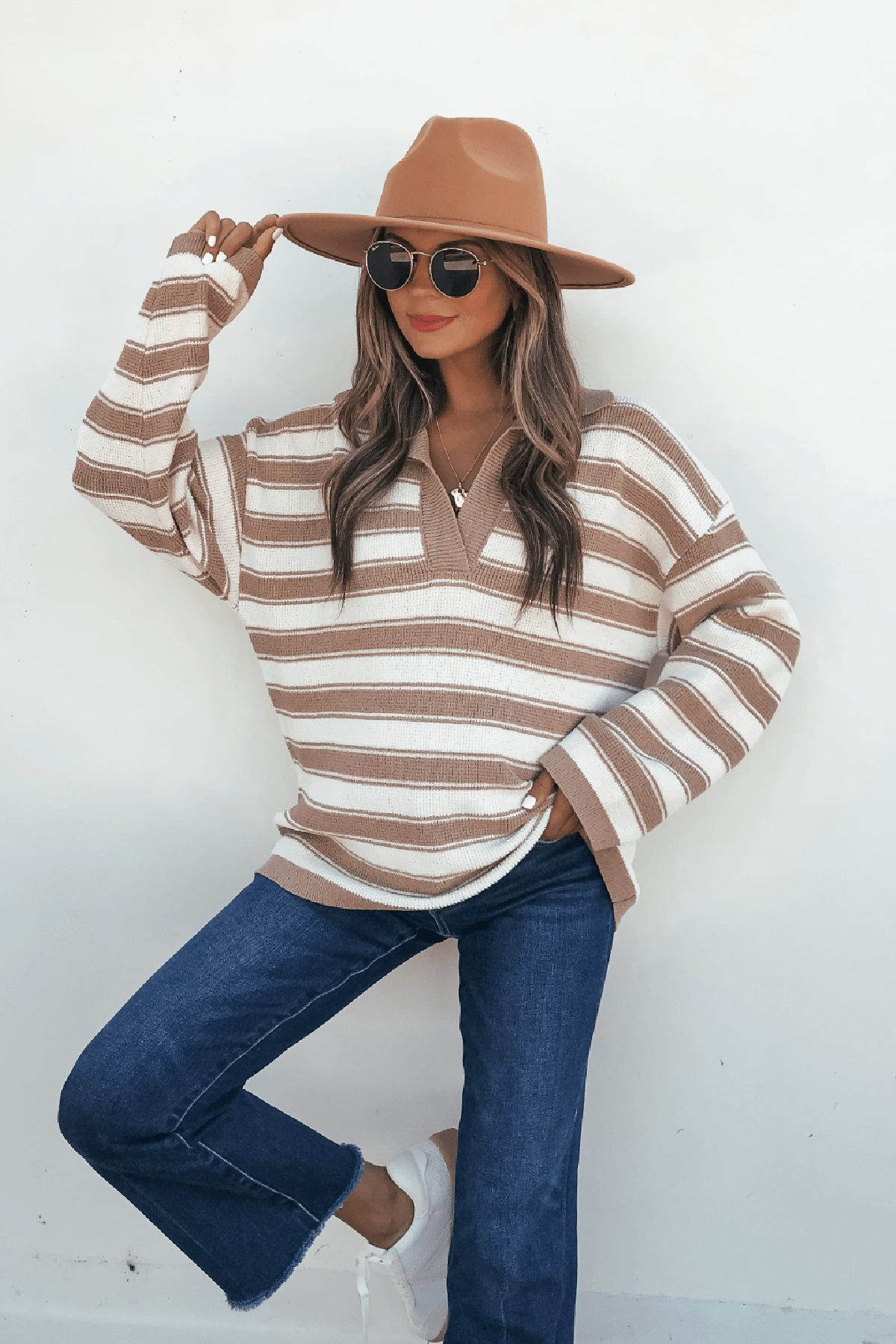 Oatmeal Split V Neck Striped Sweater - FINAL SALE