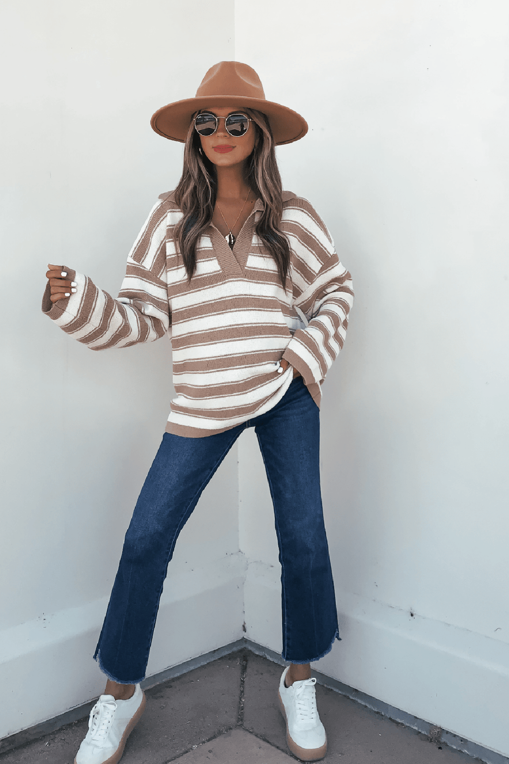 Oatmeal Split V Neck Striped Sweater - FINAL SALE