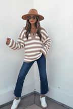Oatmeal Split V Neck Striped Sweater - FINAL SALE