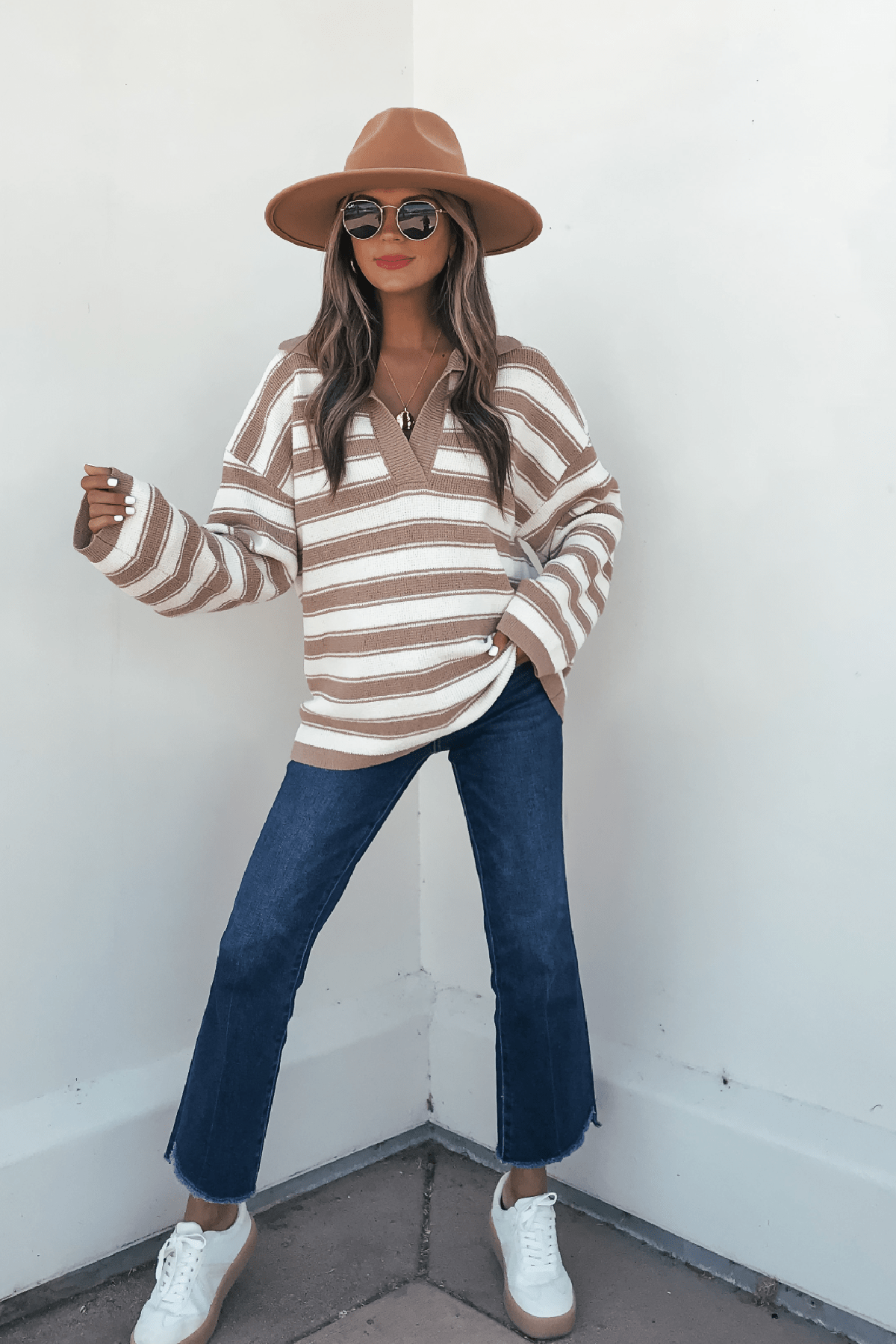 Oatmeal Split V Neck Striped Sweater - FINAL SALE