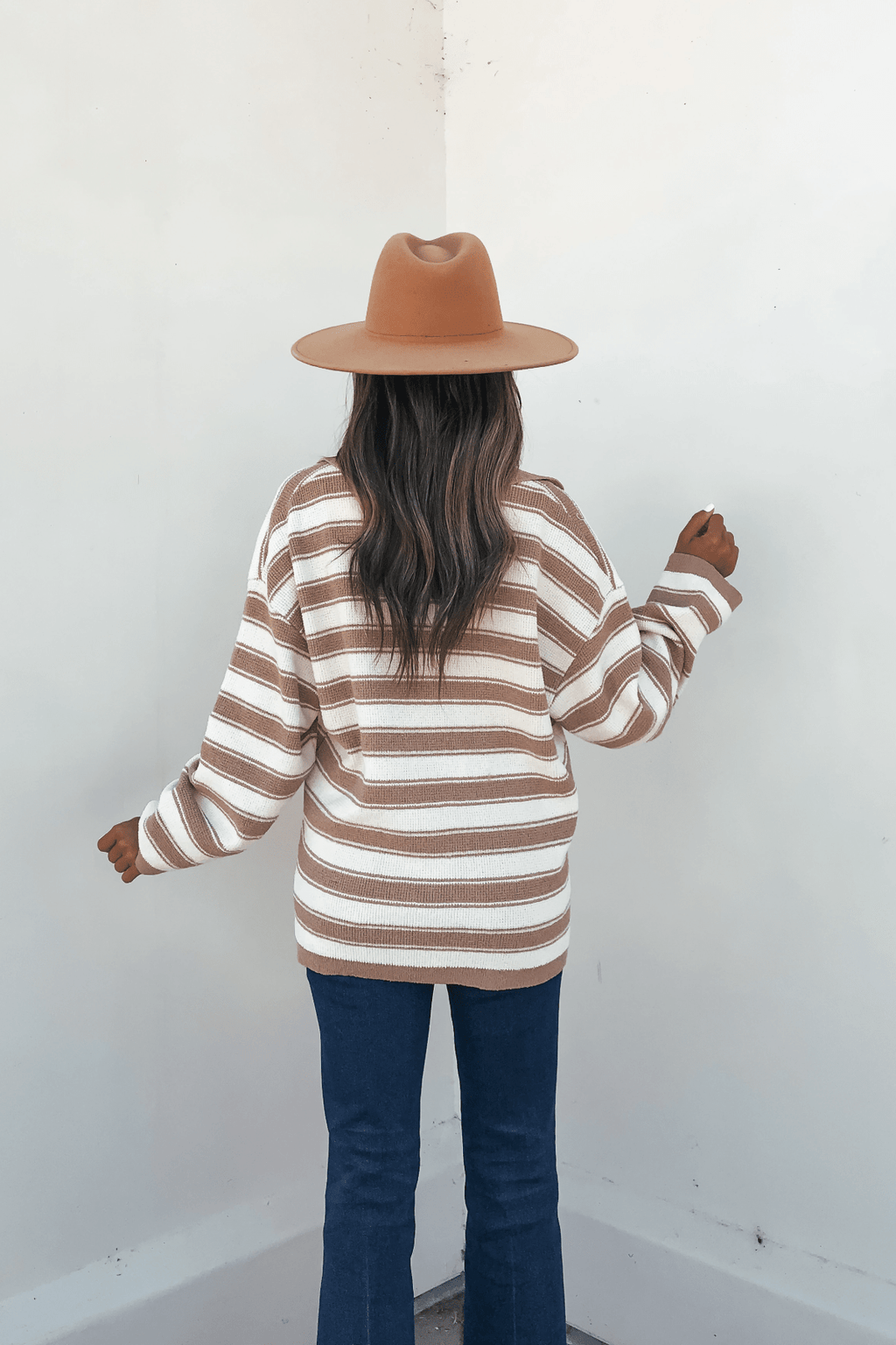 Oatmeal Split V Neck Striped Sweater - FINAL SALE