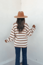 Oatmeal Split V Neck Striped Sweater - FINAL SALE