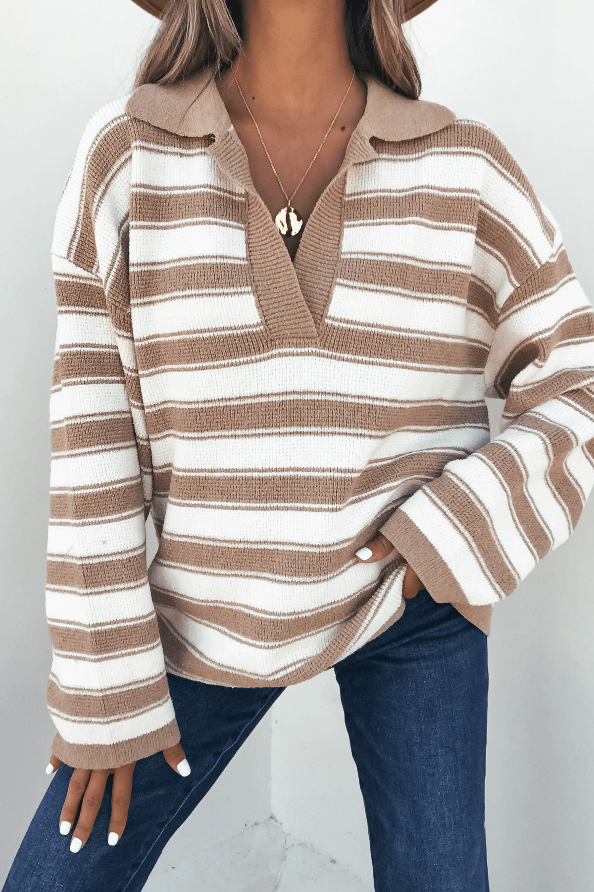 Oatmeal Split V Neck Striped Sweater - FINAL SALE