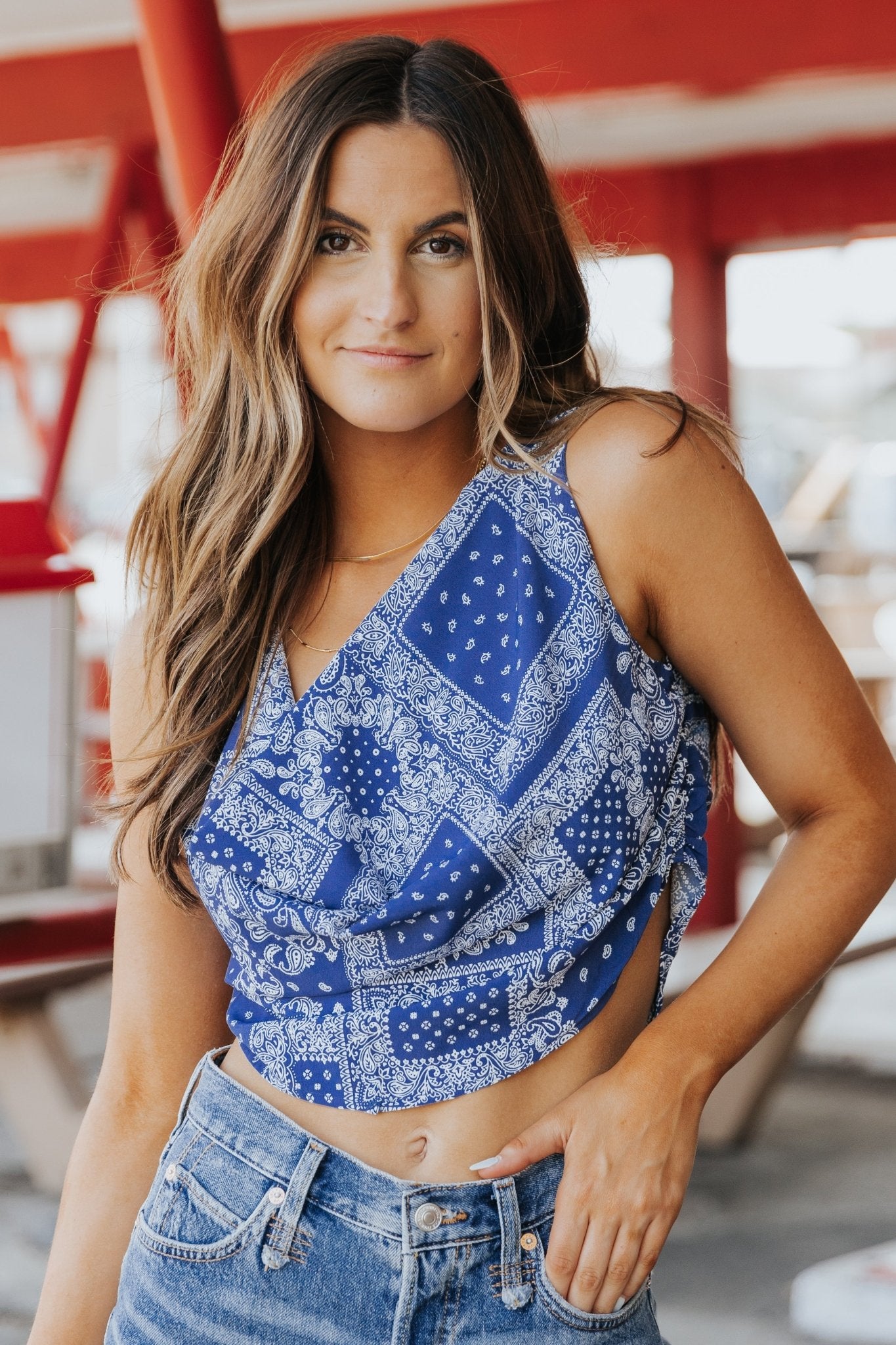 Out West Blue Bandana Print Sleeveless Cowl Neck Top - FINAL SALE