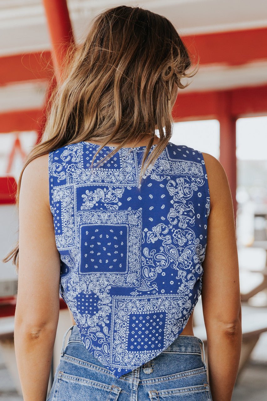 Out West Blue Bandana Print Sleeveless Cowl Neck Top - FINAL SALE