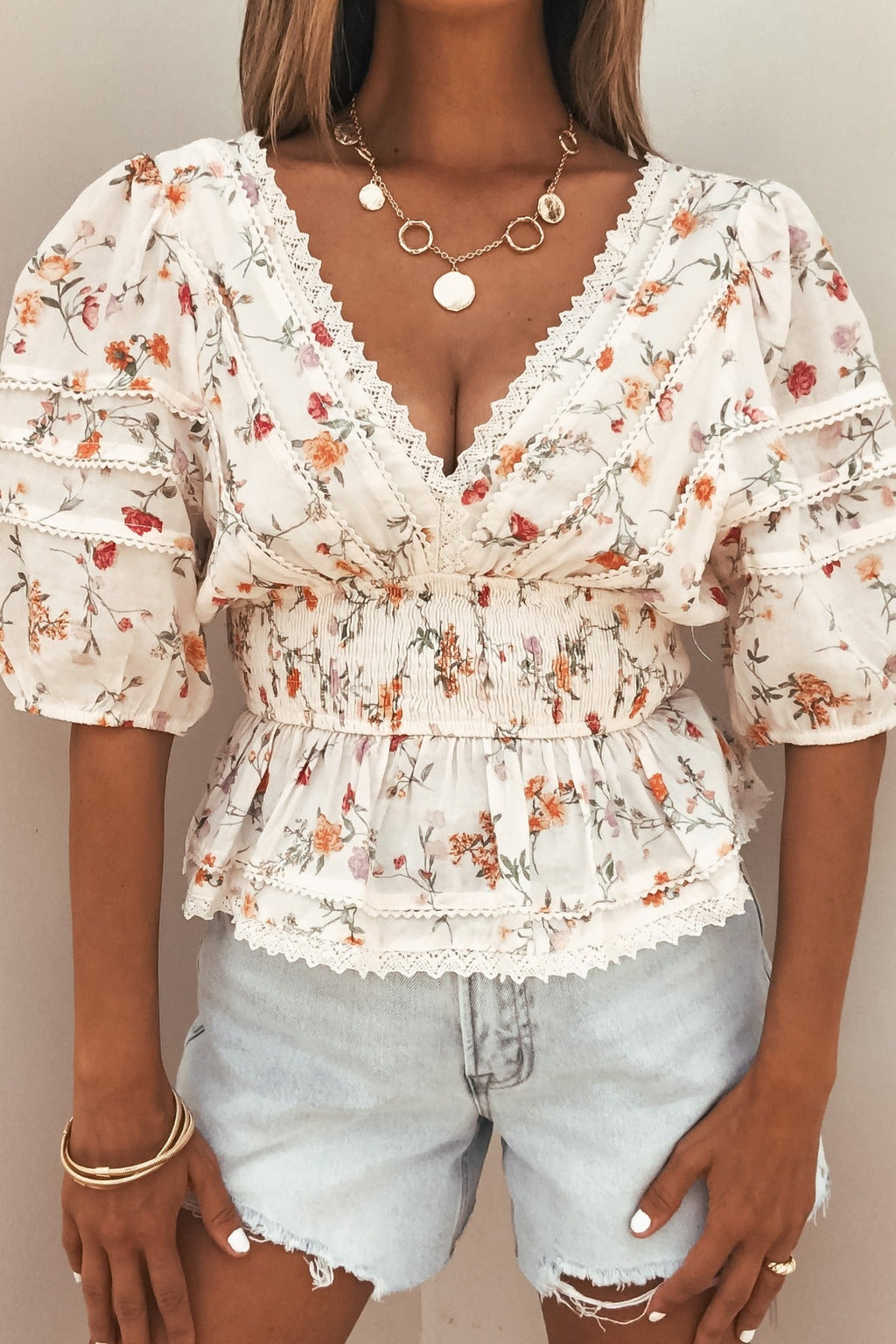 Petal Bloom Floral Smock Top - Cream