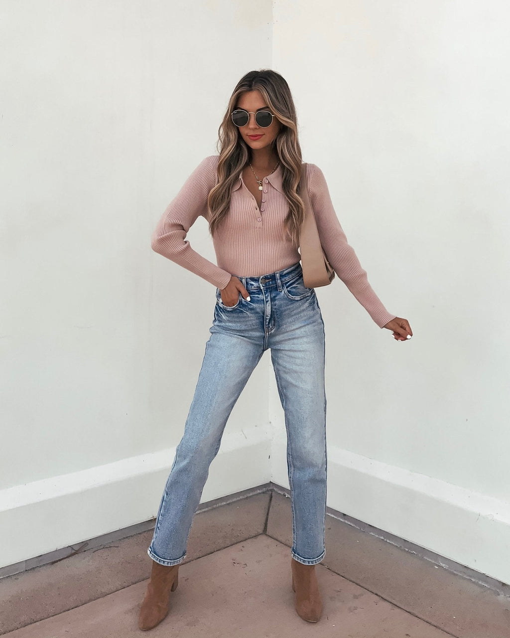 Pink Ribbed V-Neck Button Up Top