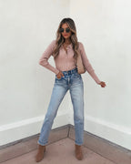 Pink Ribbed V-Neck Button Up Top