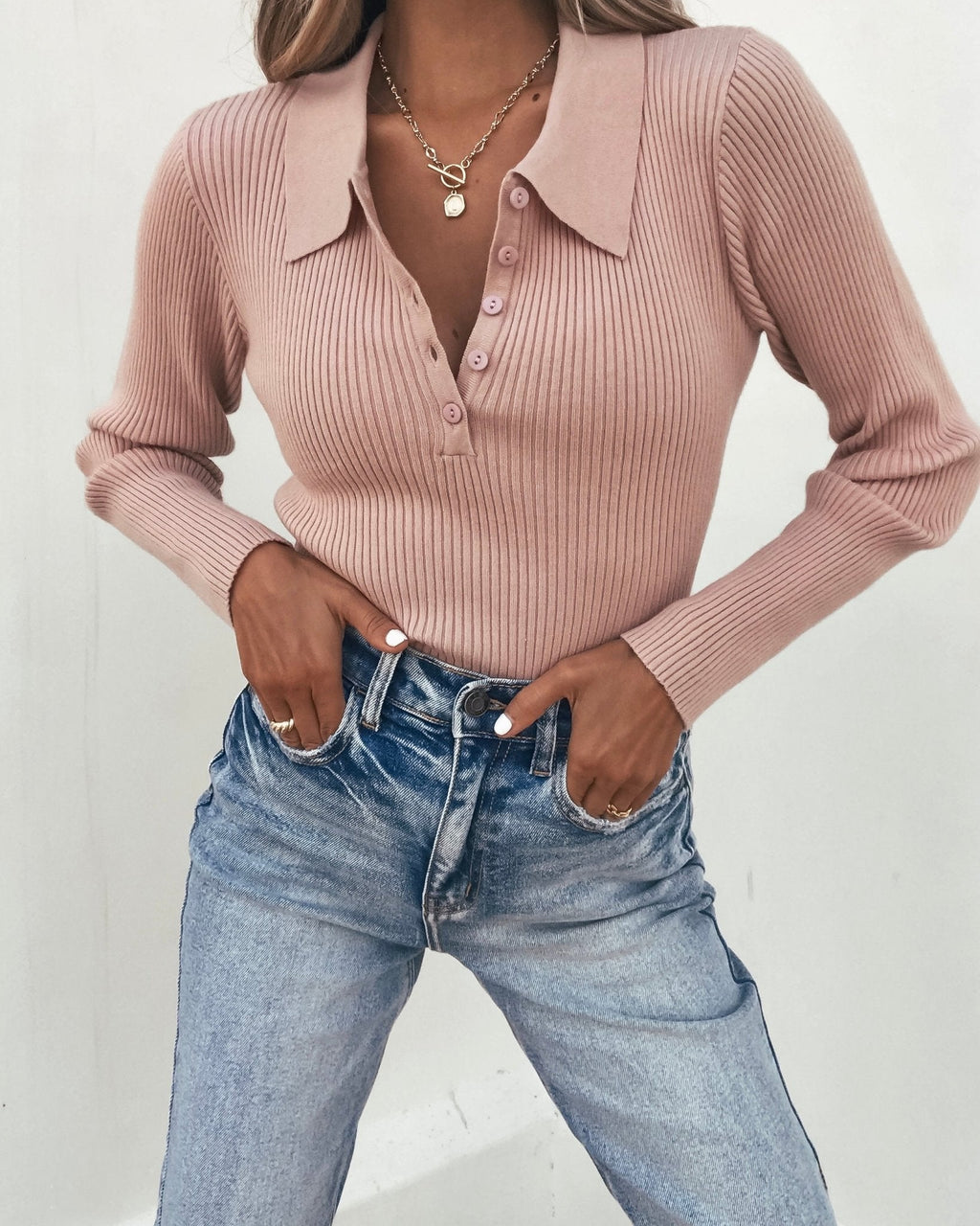 Pink Ribbed V-Neck Button Up Top