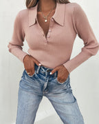 Pink Ribbed V-Neck Button Up Top
