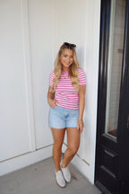 Pink Short Sleeve Striped Sweater