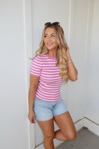 Pink Short Sleeve Striped Sweater