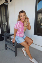 Pink Short Sleeve Striped Sweater