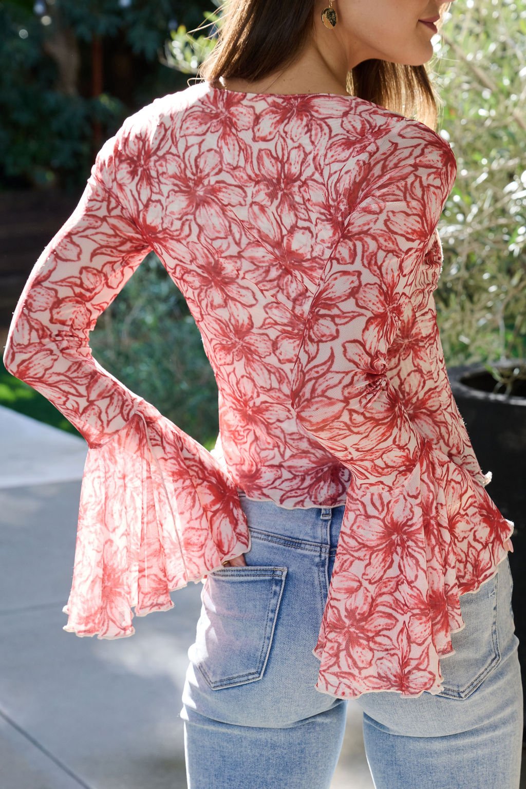 Red Floral Print Bell Sleeve Mesh Top