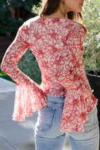 Red Floral Print Bell Sleeve Mesh Top