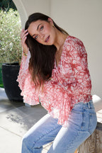 Red Floral Print Bell Sleeve Mesh Top