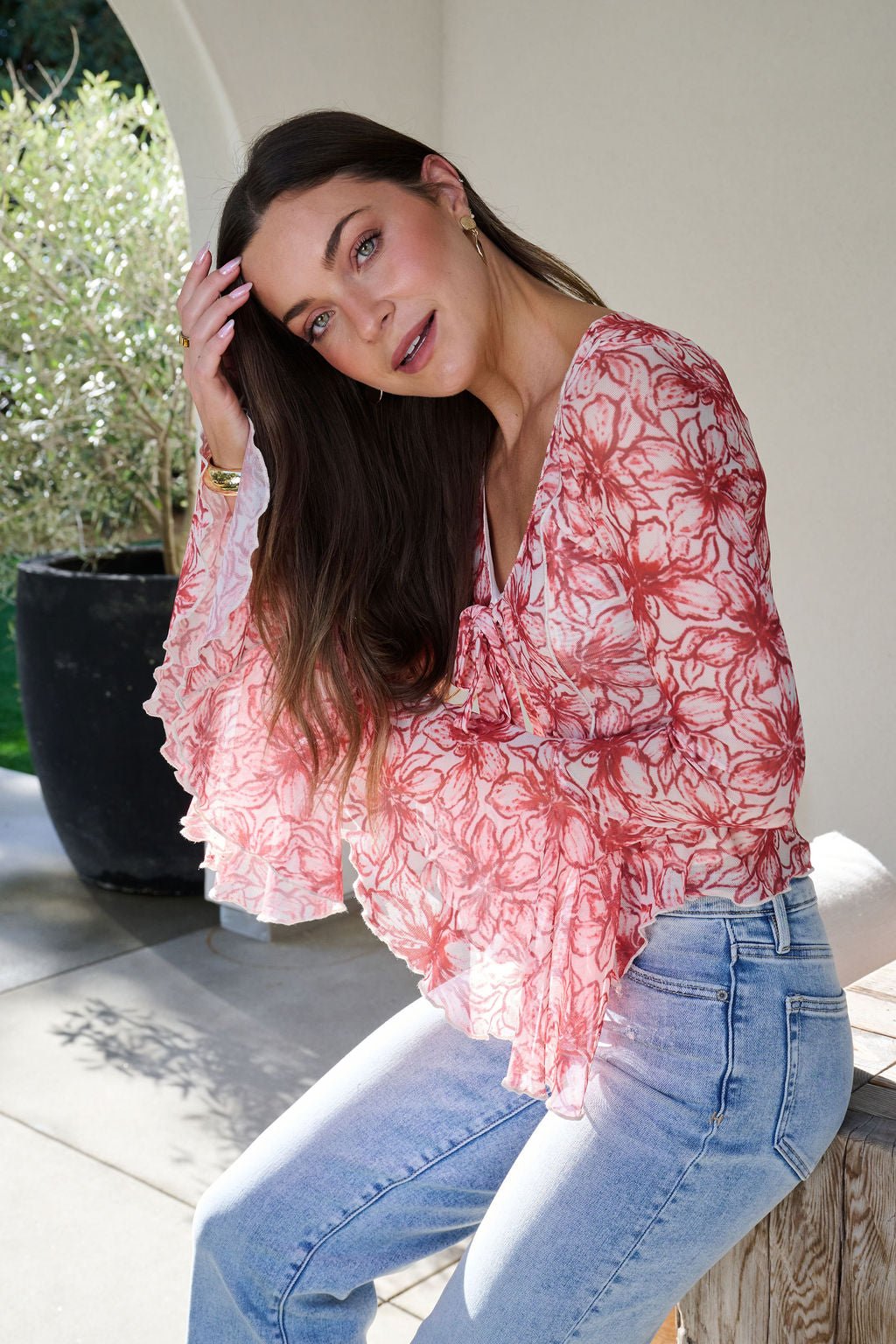 Red Floral Print Bell Sleeve Mesh Top