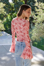 Red Floral Print Bell Sleeve Mesh Top