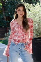 Red Floral Print Bell Sleeve Mesh Top