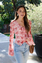 Red Floral Print Bell Sleeve Mesh Top