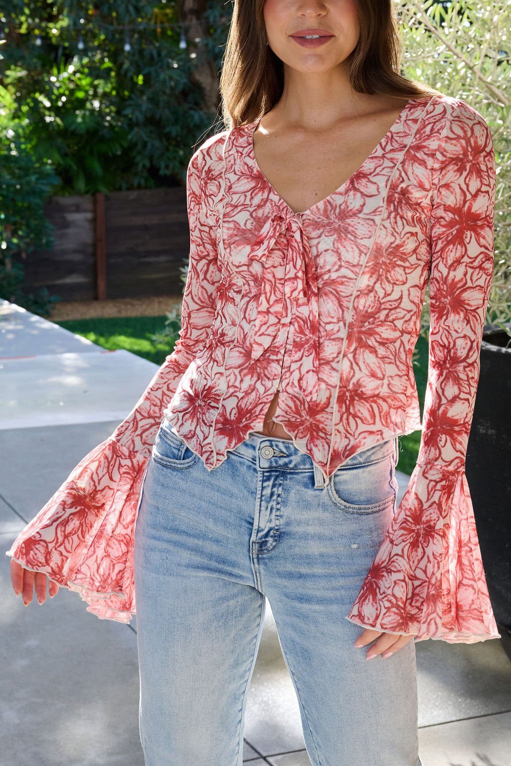 Red Floral Print Bell Sleeve Mesh Top