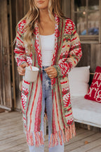 Red & Green Aztec Striped Boho Fringe Cardigan - FINAL SALE