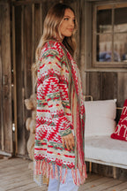 Red & Green Aztec Striped Boho Fringe Cardigan - FINAL SALE