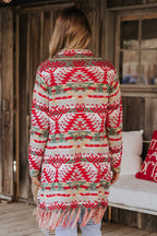 Red & Green Aztec Striped Boho Fringe Cardigan - FINAL SALE