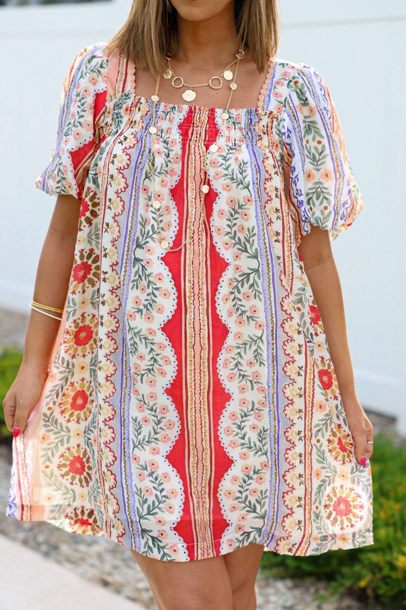 Red Mix Print Puff Sleeve Mini Dress
