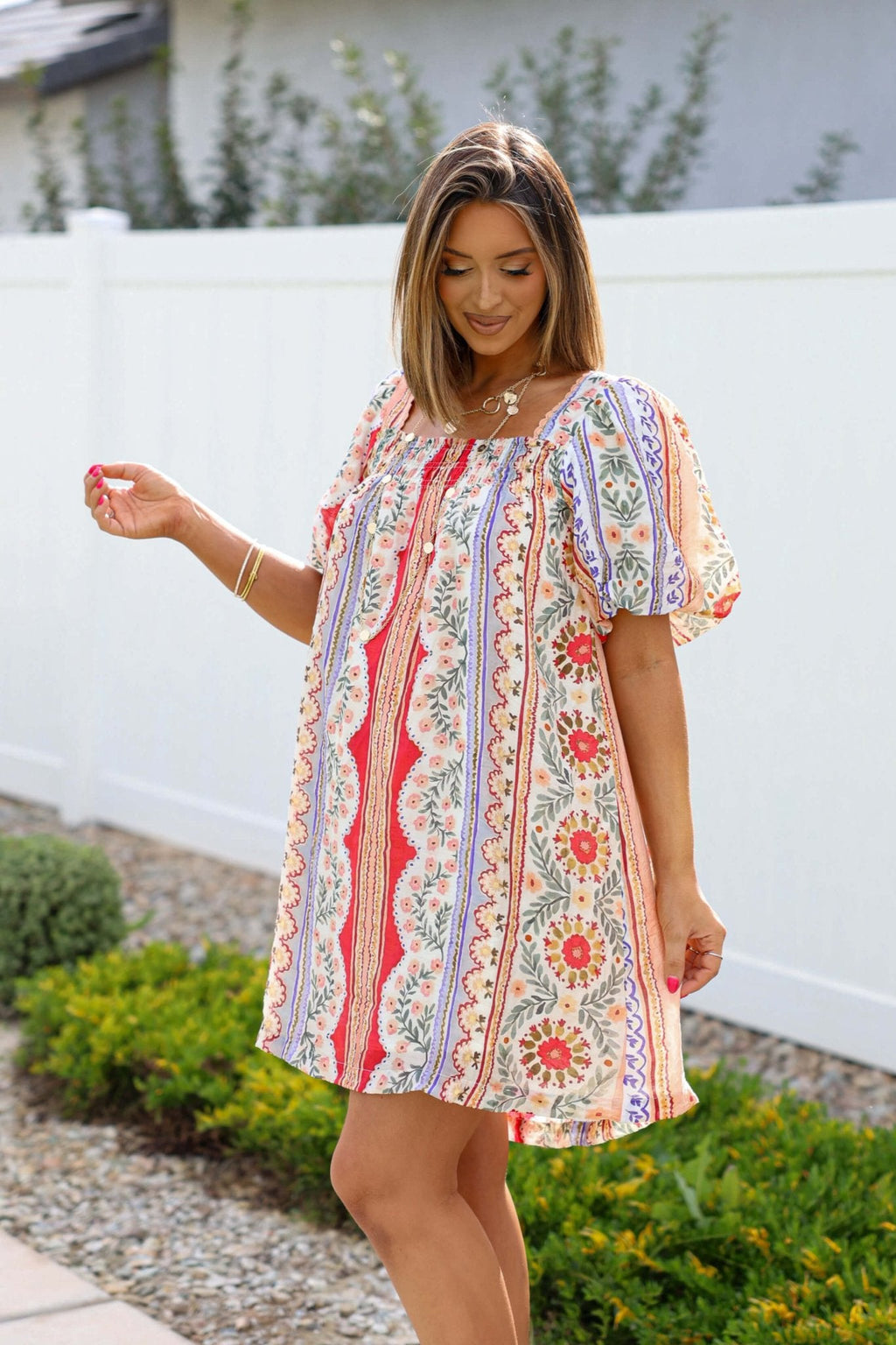 Red Mix Print Puff Sleeve Mini Dress