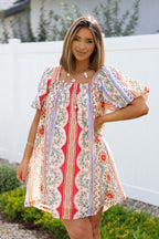 Red Mix Print Puff Sleeve Mini Dress