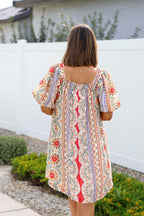 Red Mix Print Puff Sleeve Mini Dress