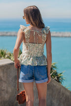Ruffled Floral Print Top - Green