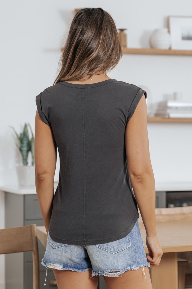 Scoop Neck Cotton Slub Knit Top - Charcoal