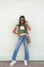 Sleeveless Green and Cream Striped Sweater