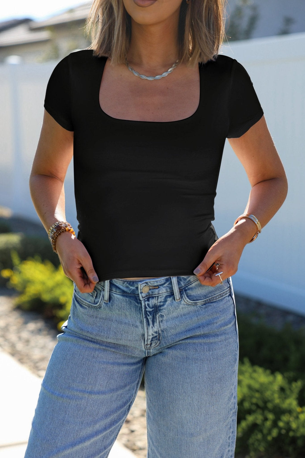 Stretchy Black Double Lined Scoop Neck Top