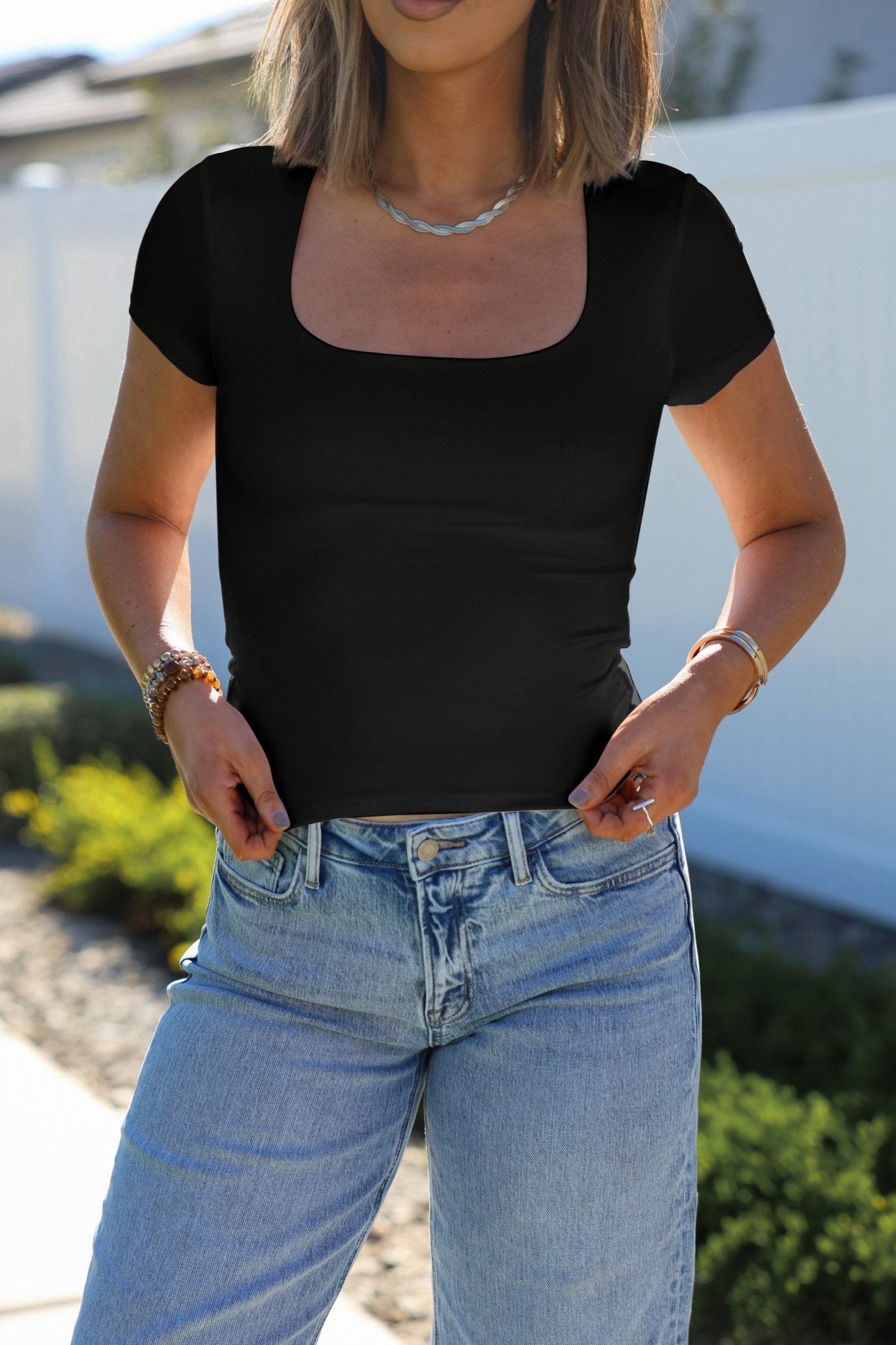 Stretchy Black Double Lined Scoop Neck Top