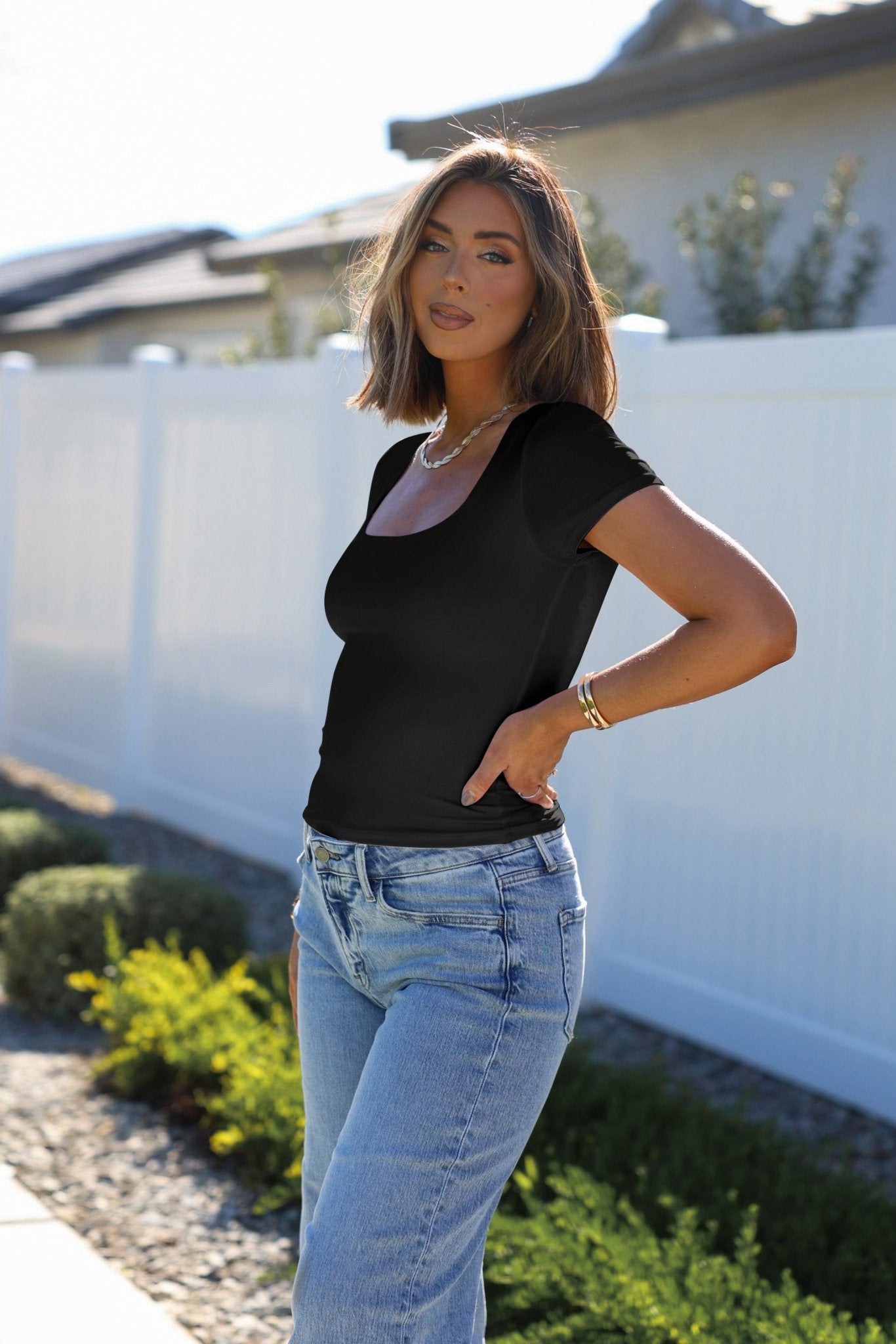 Stretchy Black Double Lined Scoop Neck Top