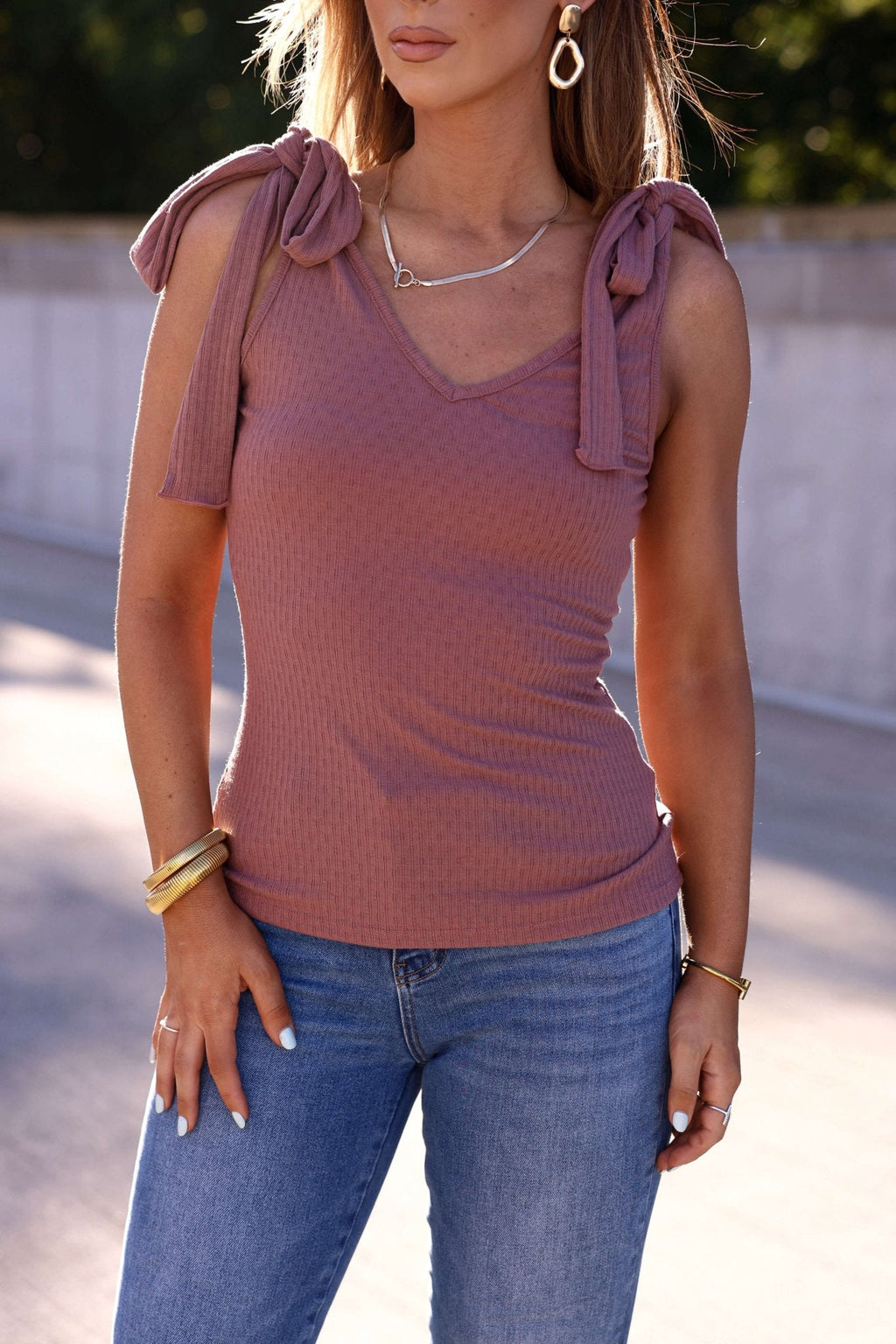 Sutton Ribbed Shoulder Tie Top - Mauve