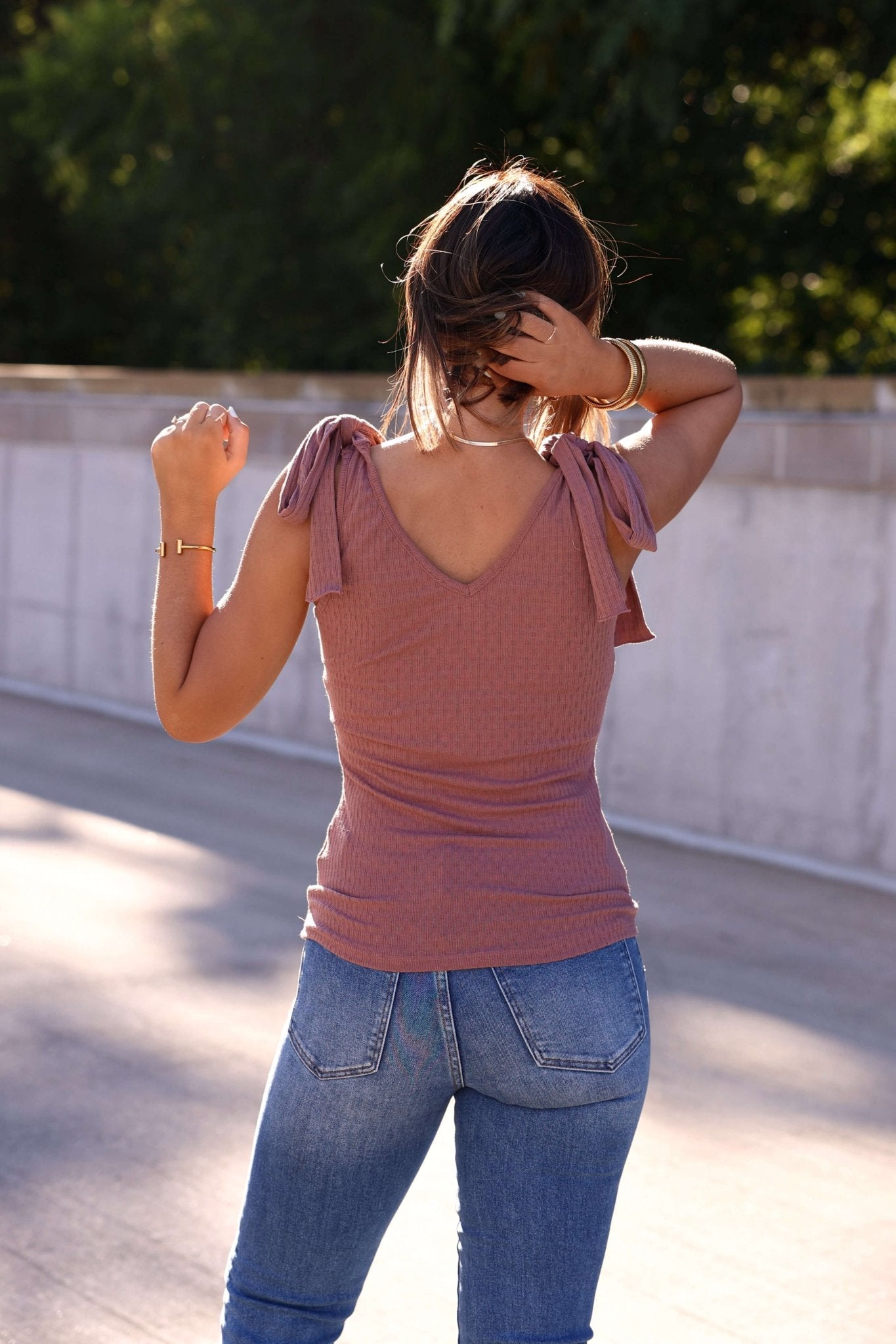 Sutton Ribbed Shoulder Tie Top - Mauve