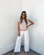 Light Taupe Striped Cap Sleeve Sweater