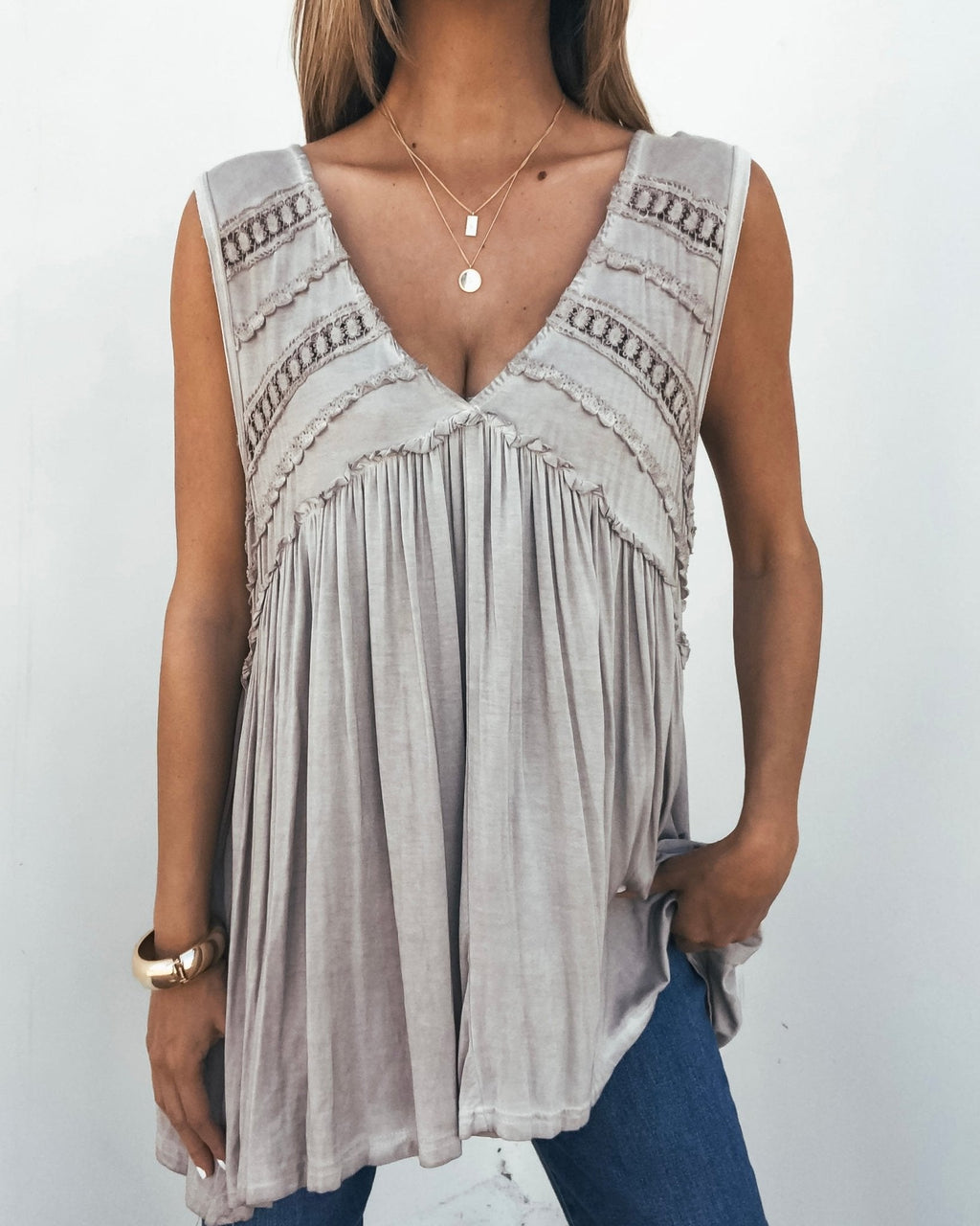 Taupe V Neck Flowy Top