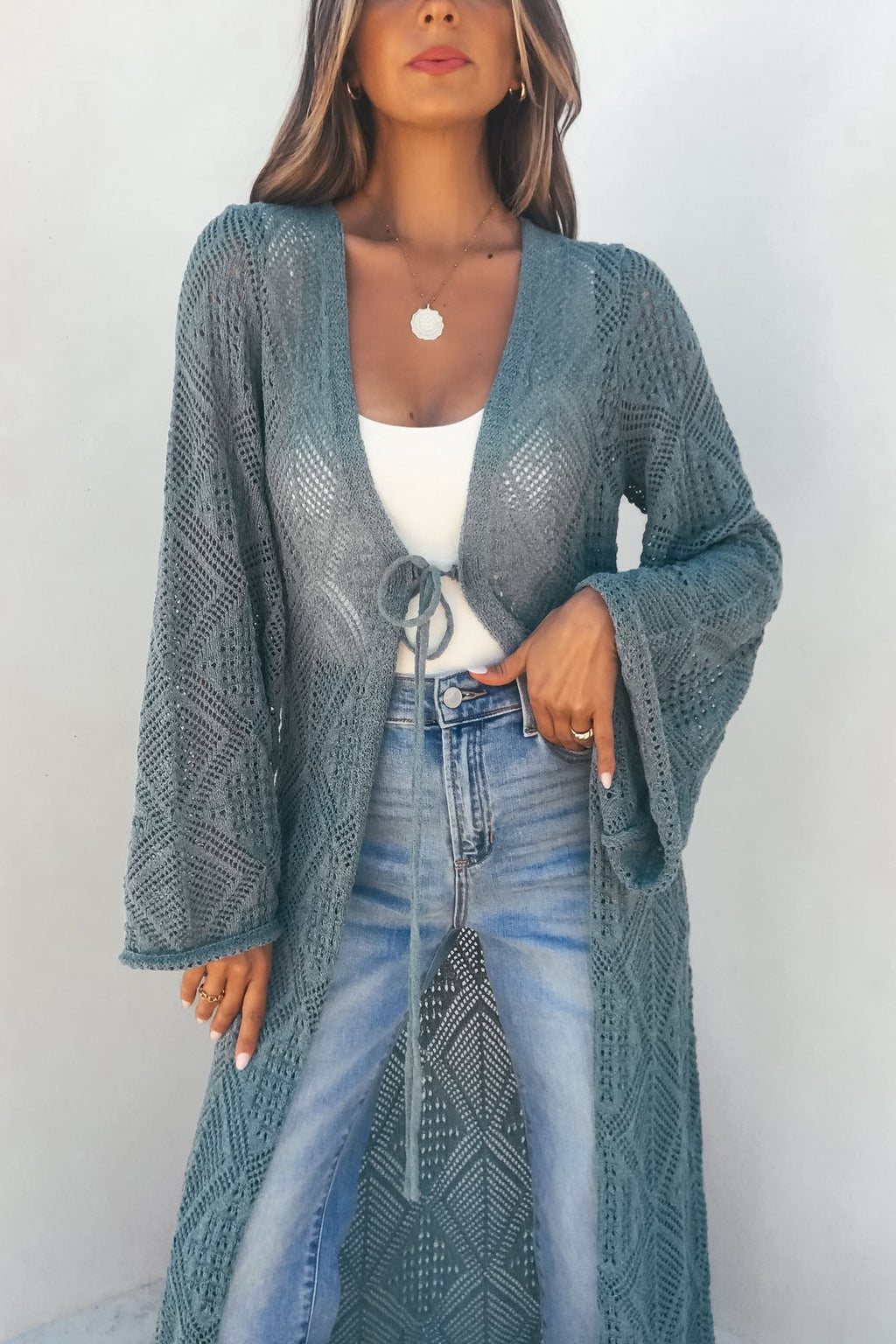 Teal Green Crochet Duster Cardigan