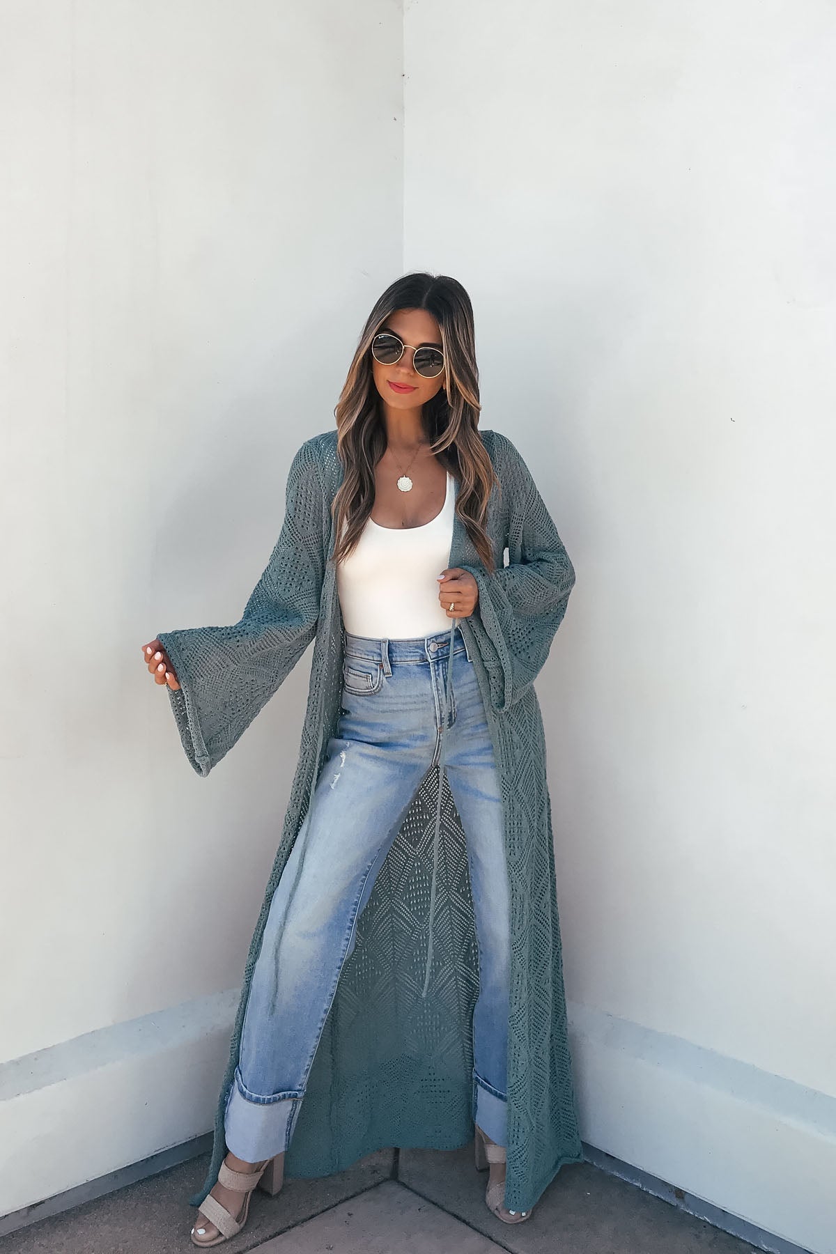 Teal Green Crochet Duster Cardigan
